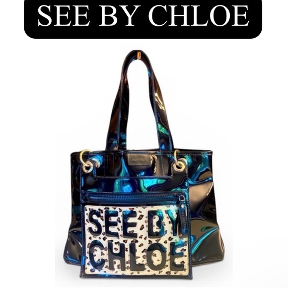 SEE BY CHLOE Black Patent Leather Tote w/Detachable Pouch w/Cheetah Print EUC